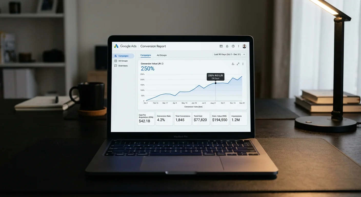 Laptop screen showing a KOAI-run Google and Meta ad campaign dashboard with rising results